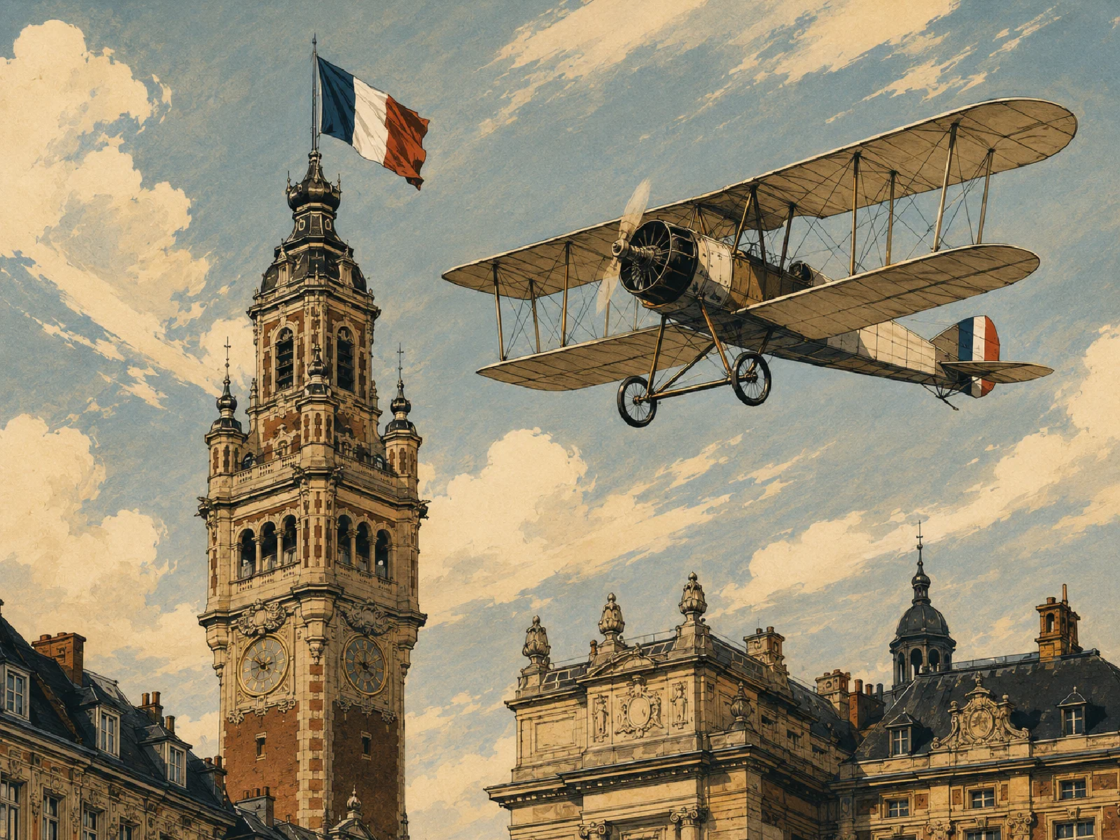 An amusing illustration in a 1930s style of a biplane overlying Lille
