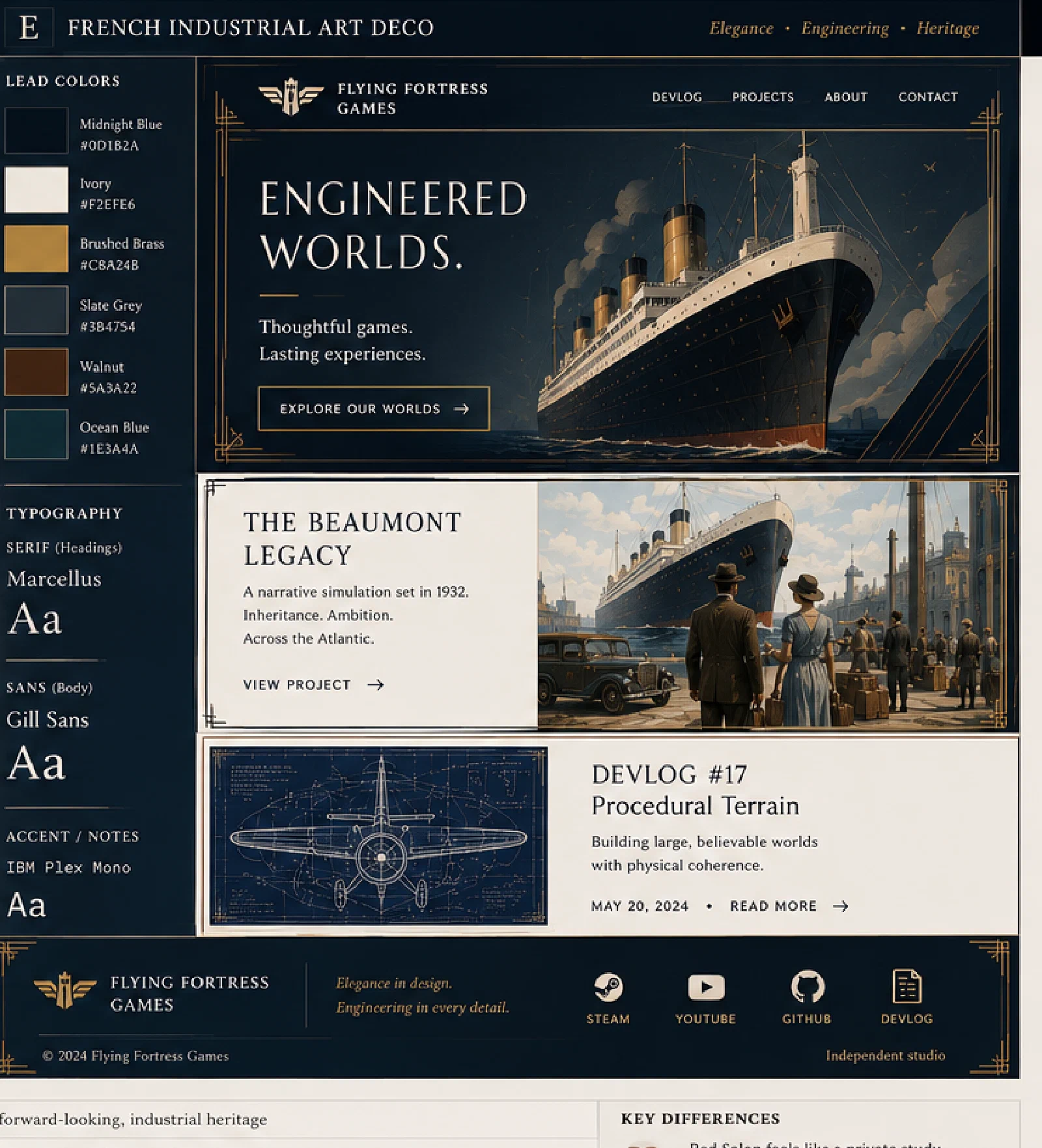 French Industrial Art Deco homepage hero featuring ocean liner with brass accents and Art Deco framing