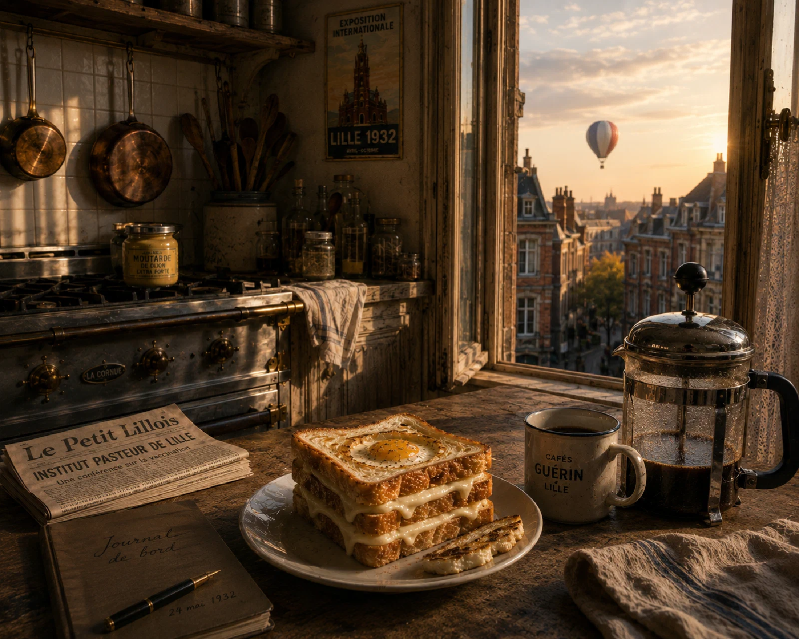 Triple-decker egg sandwich and pressed coffee in a Lille kitchen at daybreak